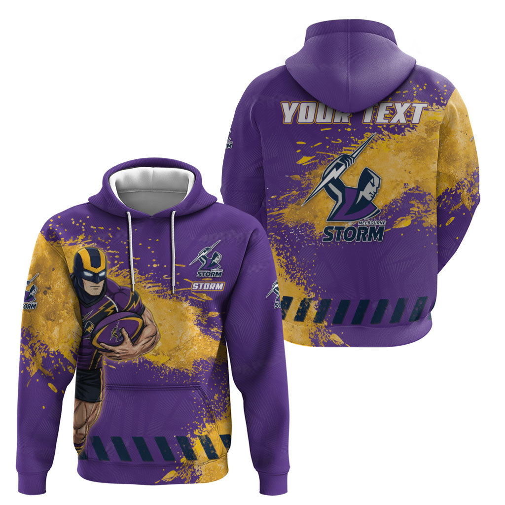 Personalised Melbourne Storm Rugby Zip Hoodie Superhero Purple Storm Mascot - Sporty Splash Art Style