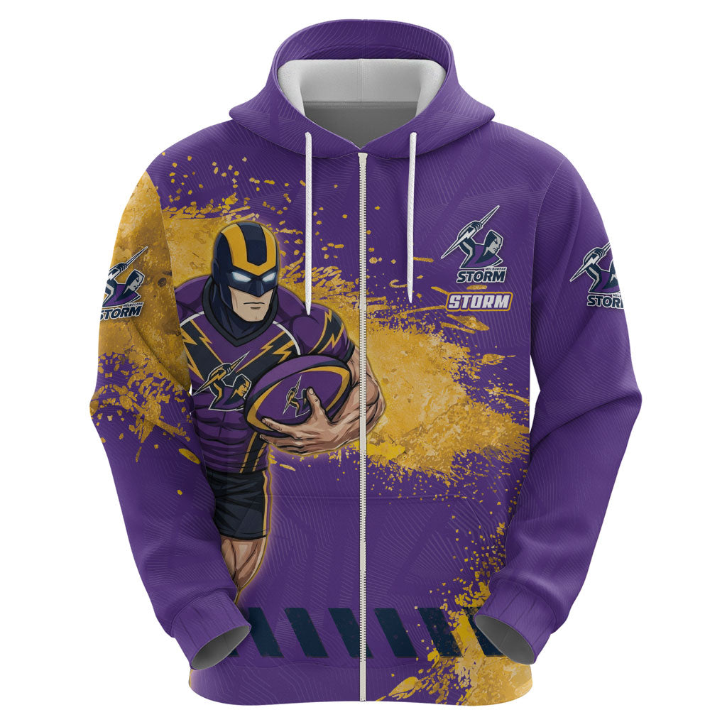 Personalised Melbourne Storm Rugby Zip Hoodie Superhero Purple Storm Mascot - Sporty Splash Art Style