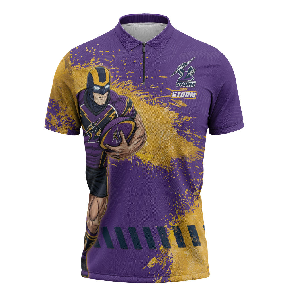 Personalised Melbourne Storm Rugby Zipper Polo Shirt Superhero Purple Storm Mascot - Sporty Splash Art Style