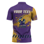 Personalised Melbourne Storm Rugby Zipper Polo Shirt Superhero Purple Storm Mascot - Sporty Splash Art Style