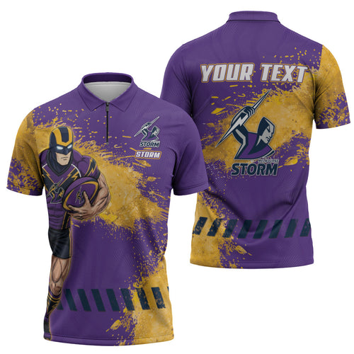 Personalised Melbourne Storm Rugby Zipper Polo Shirt Superhero Purple Storm Mascot - Sporty Splash Art Style