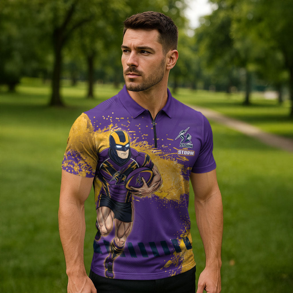 Personalised Melbourne Storm Rugby Zipper Polo Shirt Superhero Purple Storm Mascot - Sporty Splash Art Style