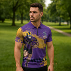 Personalised Melbourne Storm Rugby Zipper Polo Shirt Superhero Purple Storm Mascot - Sporty Splash Art Style