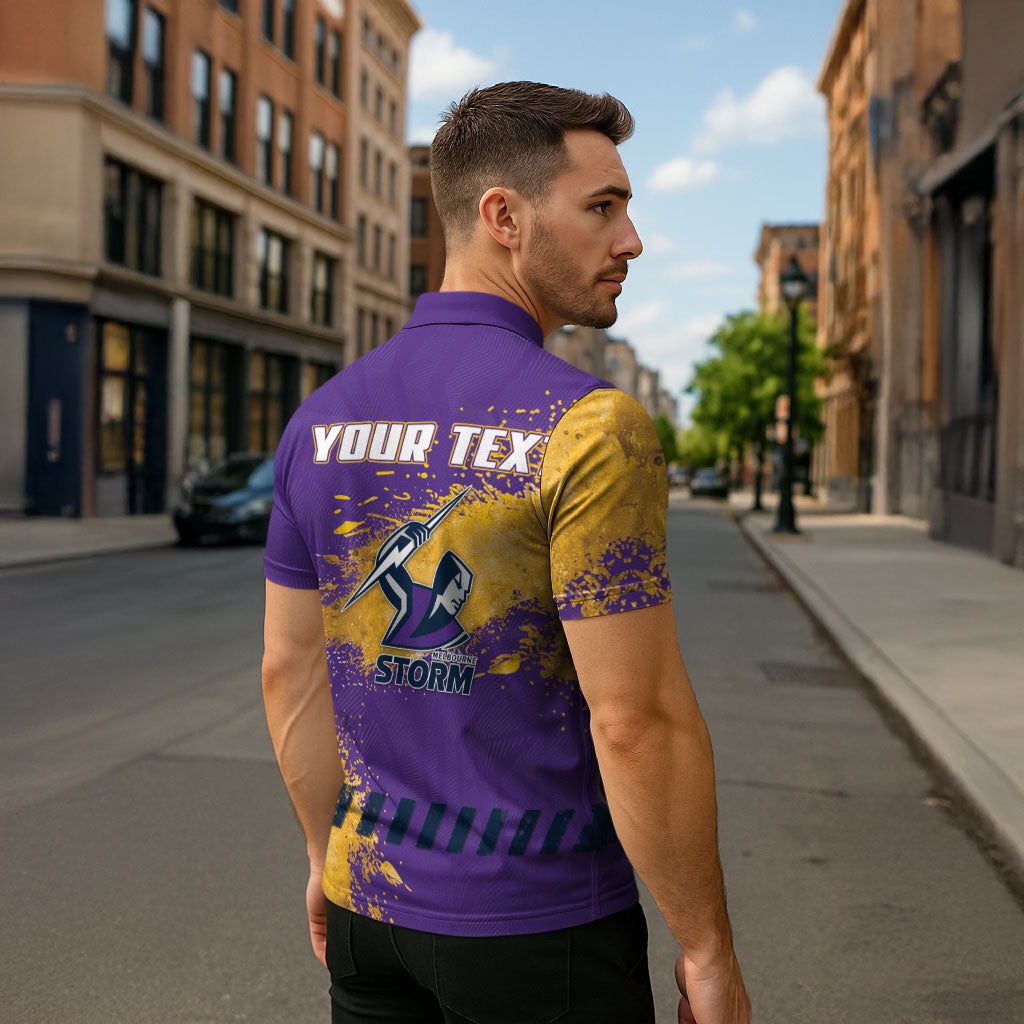 Personalised Melbourne Storm Rugby Zipper Polo Shirt Superhero Purple Storm Mascot - Sporty Splash Art Style
