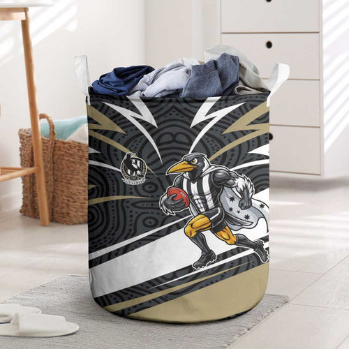 Collingwood Magpies Australian Football Laundry Basket Iconic Bird Mascot With Indigenous Pattern Art