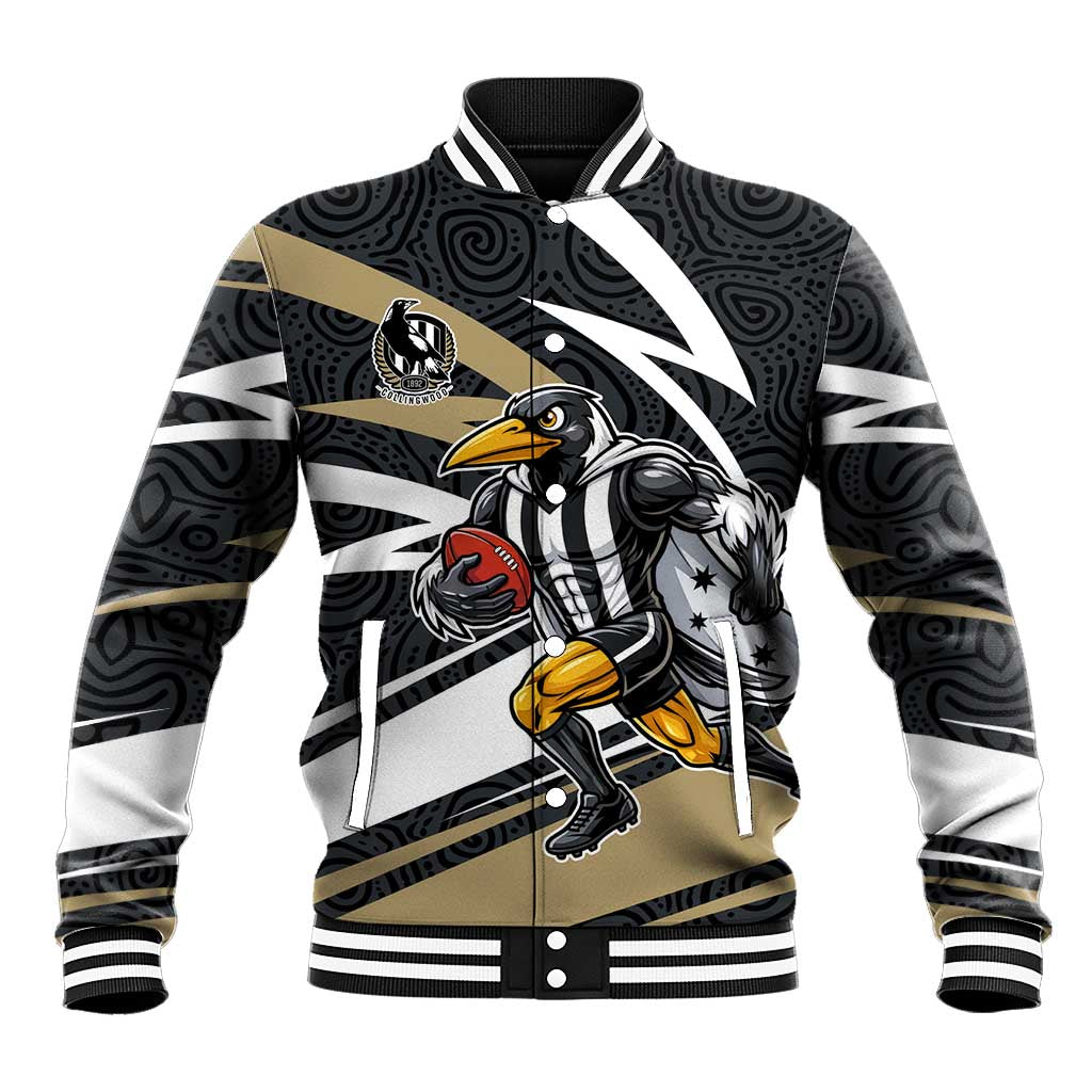 Collingwood Magpies Australian Football Baseball Jacket Iconic Bird Mascot With Indigenous Pattern Art
