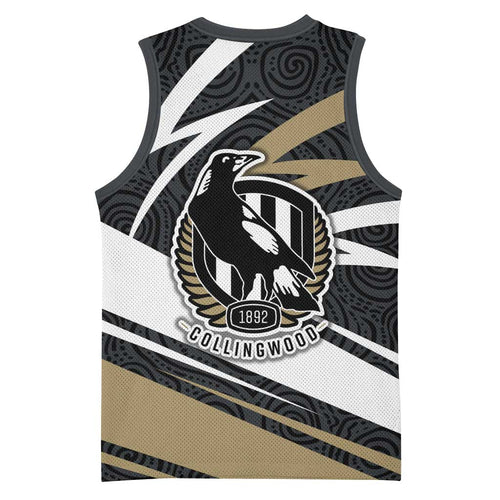 Collingwood Magpies Australian Football Basketball Jersey Iconic Bird Mascot With Indigenous Pattern Art