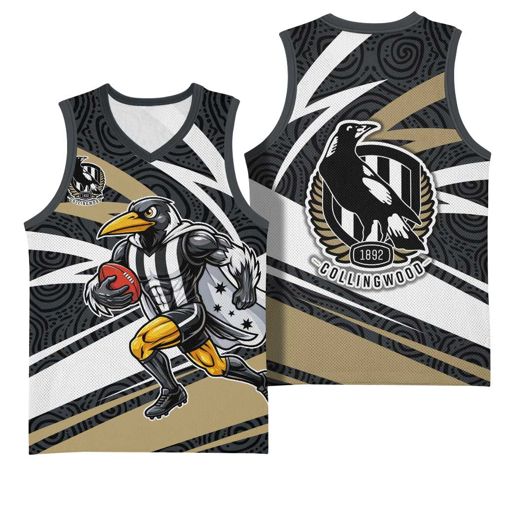 Collingwood Magpies Australian Football Basketball Jersey Iconic Bird Mascot With Indigenous Pattern Art