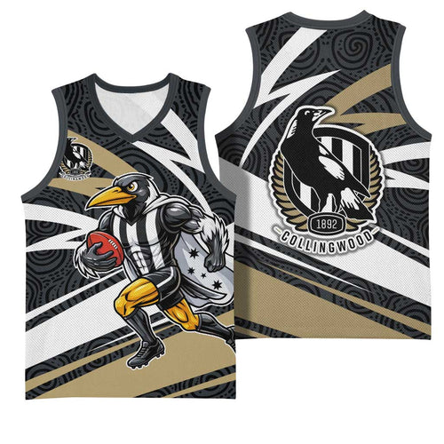 Collingwood Magpies Australian Football Basketball Jersey Iconic Bird Mascot With Indigenous Pattern Art