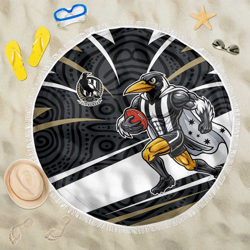 Collingwood Magpies Australian Football Beach Blanket Iconic Bird Mascot With Indigenous Pattern Art