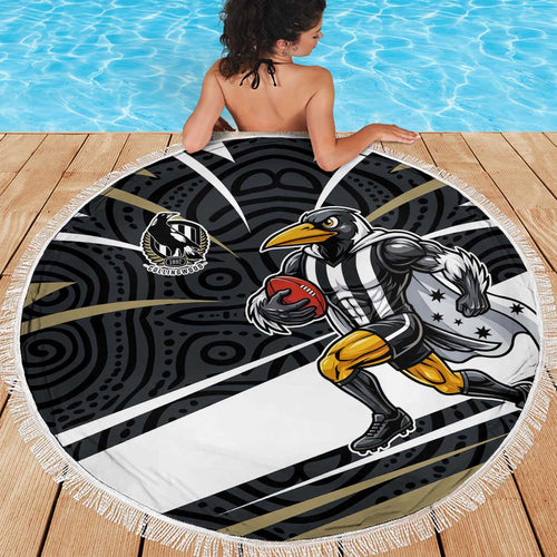 Collingwood Magpies Australian Football Beach Blanket Iconic Bird Mascot With Indigenous Pattern Art