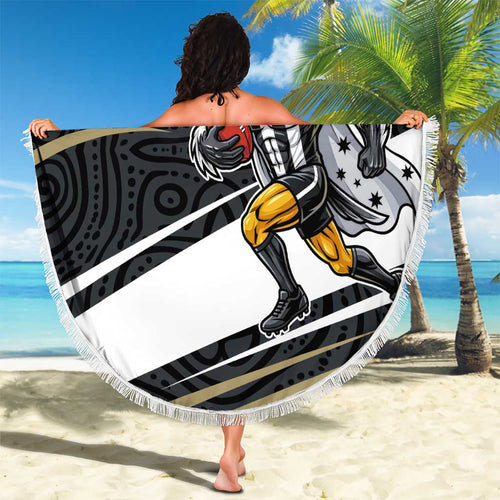 Collingwood Magpies Australian Football Beach Blanket Iconic Bird Mascot With Indigenous Pattern Art
