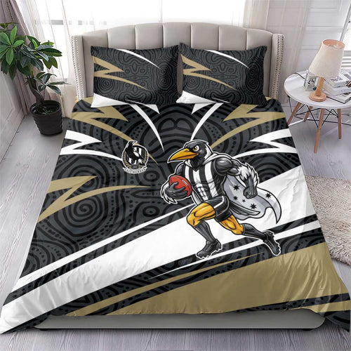 Collingwood Magpies Australian Football Bedding Set Iconic Bird Mascot With Indigenous Pattern Art