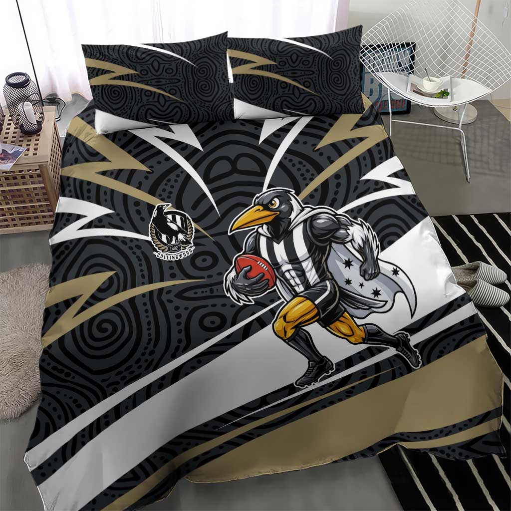 Collingwood Magpies Australian Football Bedding Set Iconic Bird Mascot With Indigenous Pattern Art