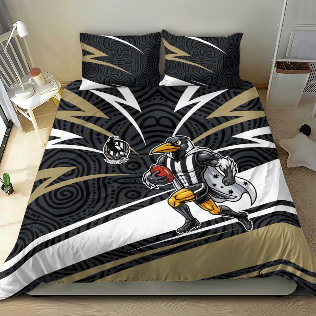 Collingwood Magpies Australian Football Bedding Set Iconic Bird Mascot With Indigenous Pattern Art
