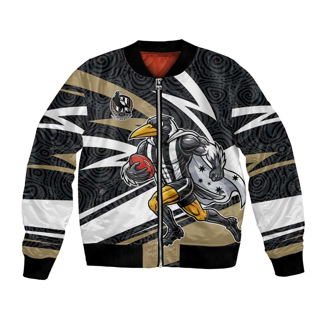 Collingwood Magpies Australian Football Bomber Jacket Iconic Bird Mascot With Indigenous Pattern Art