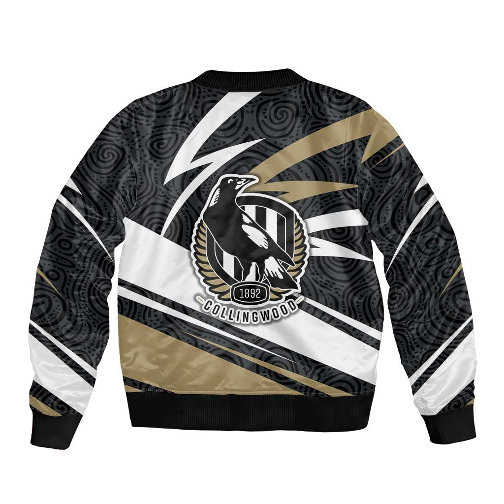 Collingwood Magpies Australian Football Bomber Jacket Iconic Bird Mascot With Indigenous Pattern Art