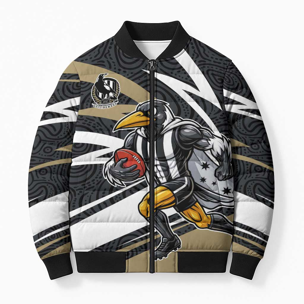 Collingwood Magpies Australian Football Bomber Puffer Jacket Iconic Bird Mascot With Indigenous Pattern Art