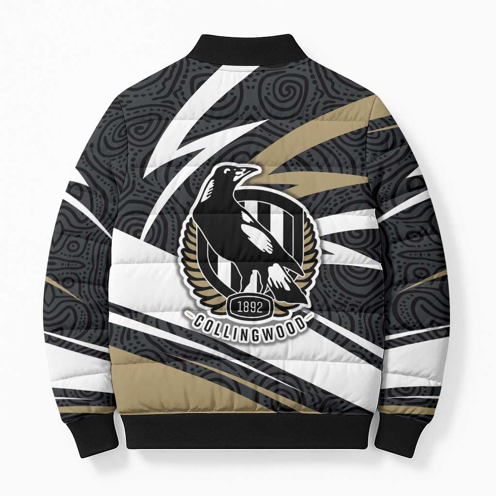 Collingwood Magpies Australian Football Bomber Puffer Jacket Iconic Bird Mascot With Indigenous Pattern Art