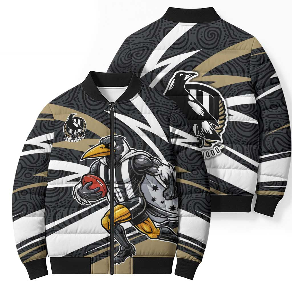 Collingwood Magpies Australian Football Bomber Puffer Jacket Iconic Bird Mascot With Indigenous Pattern Art