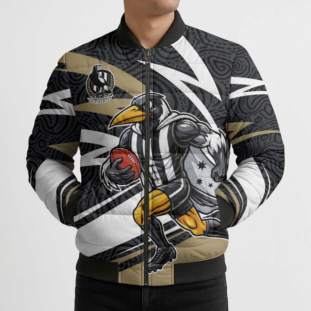 Collingwood Magpies Australian Football Bomber Puffer Jacket Iconic Bird Mascot With Indigenous Pattern Art