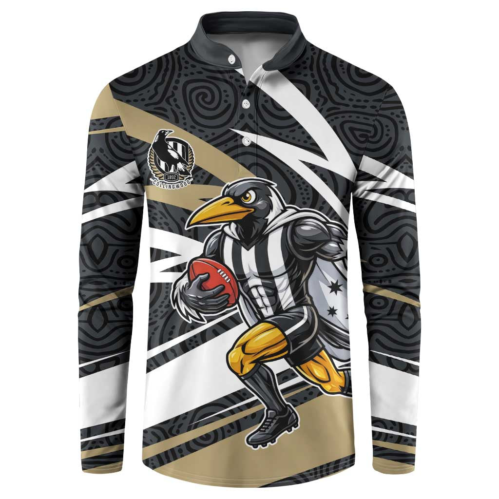 Collingwood Magpies Australian Football Button Sweatshirt Iconic Bird Mascot With Indigenous Pattern Art