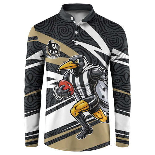 Collingwood Magpies Australian Football Button Sweatshirt Iconic Bird Mascot With Indigenous Pattern Art