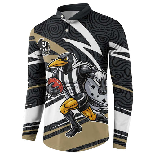 Collingwood Magpies Australian Football Button Sweatshirt Iconic Bird Mascot With Indigenous Pattern Art