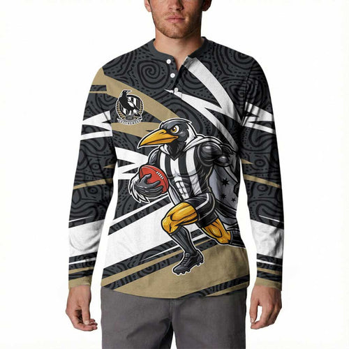 Collingwood Magpies Australian Football Button Sweatshirt Iconic Bird Mascot With Indigenous Pattern Art