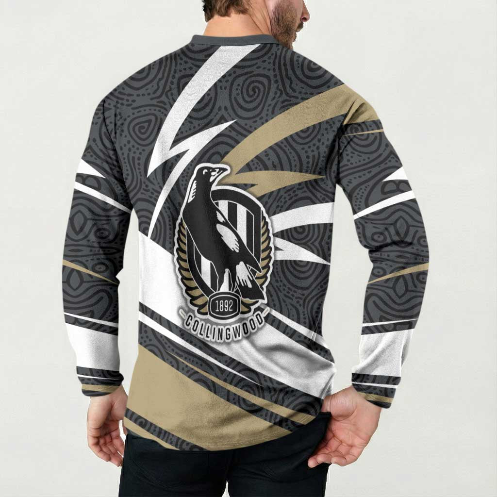 Collingwood Magpies Australian Football Button Sweatshirt Iconic Bird Mascot With Indigenous Pattern Art