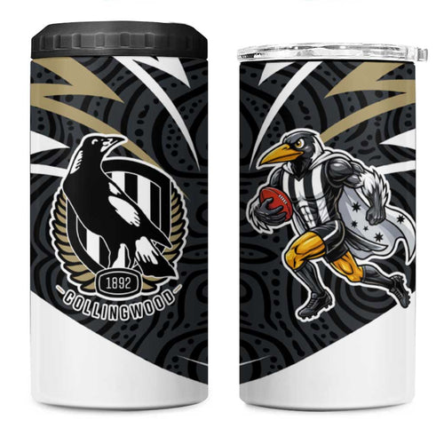 Collingwood Magpies Australian Football 4 in 1 Can Cooler Tumbler Iconic Bird Mascot With Indigenous Pattern Art
