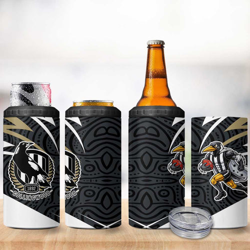 Collingwood Magpies Australian Football 4 in 1 Can Cooler Tumbler Iconic Bird Mascot With Indigenous Pattern Art
