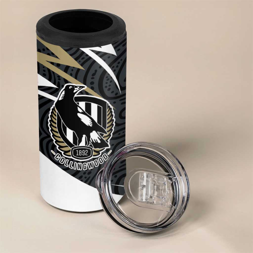 Collingwood Magpies Australian Football 4 in 1 Can Cooler Tumbler Iconic Bird Mascot With Indigenous Pattern Art