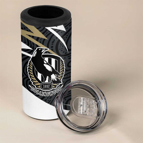 Collingwood Magpies Australian Football 4 in 1 Can Cooler Tumbler Iconic Bird Mascot With Indigenous Pattern Art
