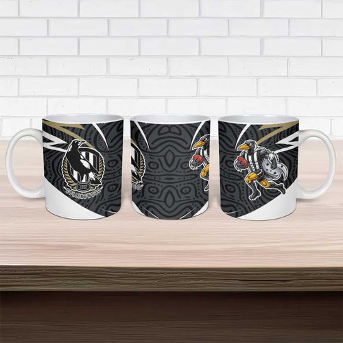 Collingwood Magpies Australian Football Ceramic Mug Iconic Bird Mascot With Indigenous Pattern Art