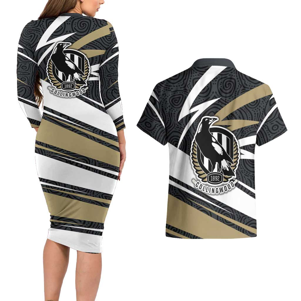 Collingwood Magpies Australian Football Couples Matching Long Sleeve Bodycon Dress and Hawaiian Shirt Iconic Bird Mascot With Indigenous Pattern Art