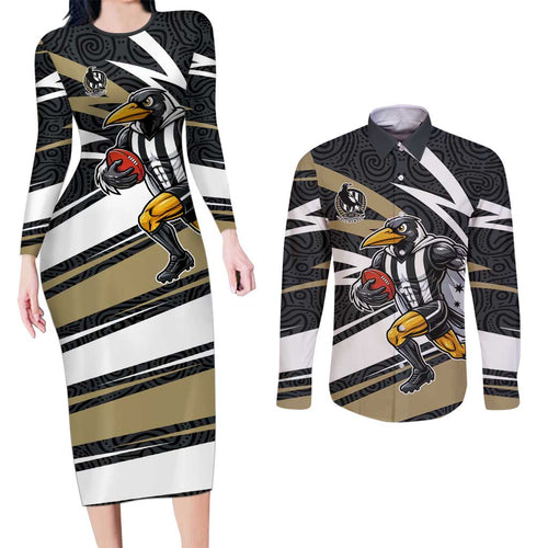 Collingwood Magpies Australian Football Couples Matching Long Sleeve Bodycon Dress and Long Sleeve Button Shirt Iconic Bird Mascot With Indigenous Pattern Art