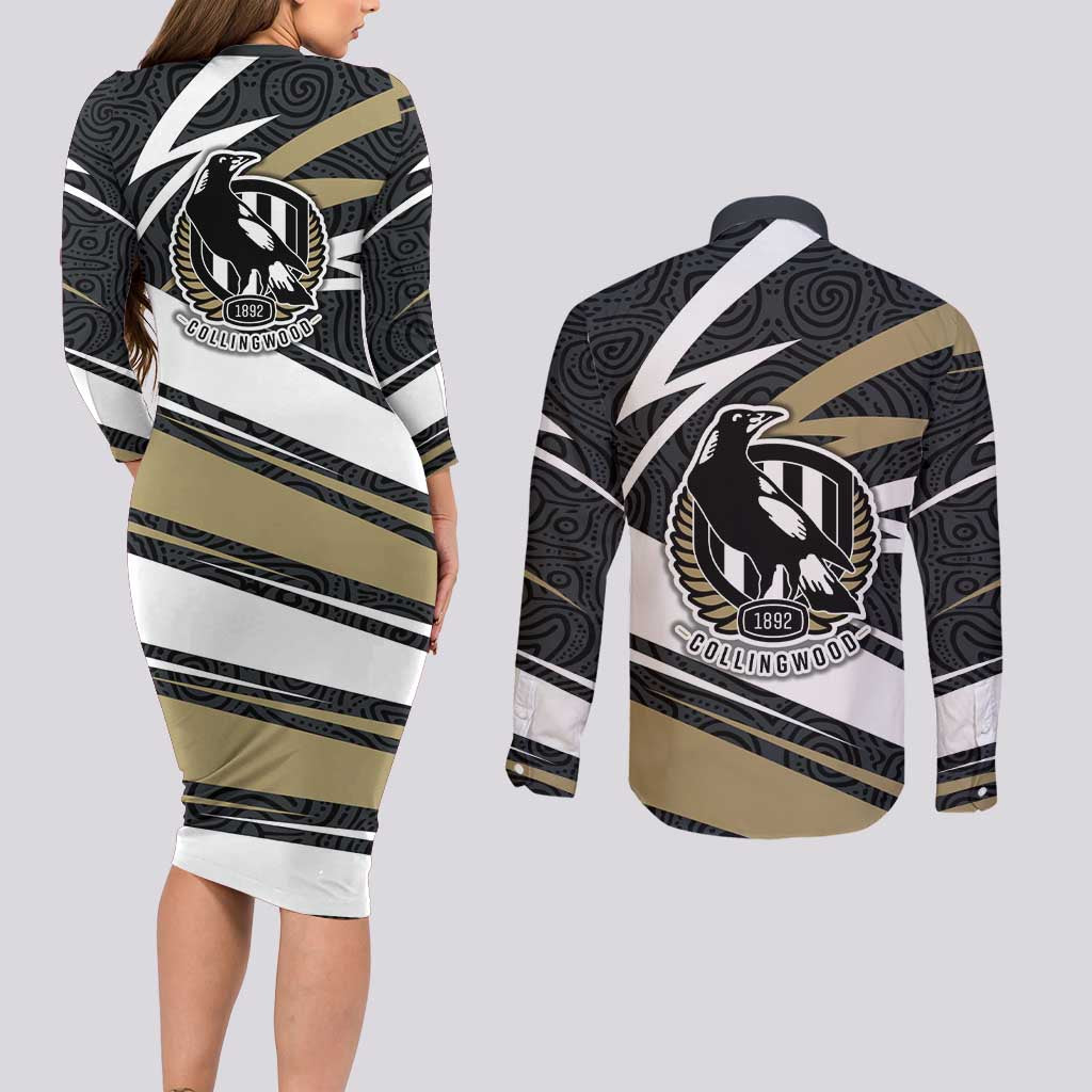 Collingwood Magpies Australian Football Couples Matching Long Sleeve Bodycon Dress and Long Sleeve Button Shirt Iconic Bird Mascot With Indigenous Pattern Art