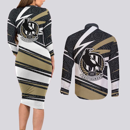 Collingwood Magpies Australian Football Couples Matching Long Sleeve Bodycon Dress and Long Sleeve Button Shirt Iconic Bird Mascot With Indigenous Pattern Art