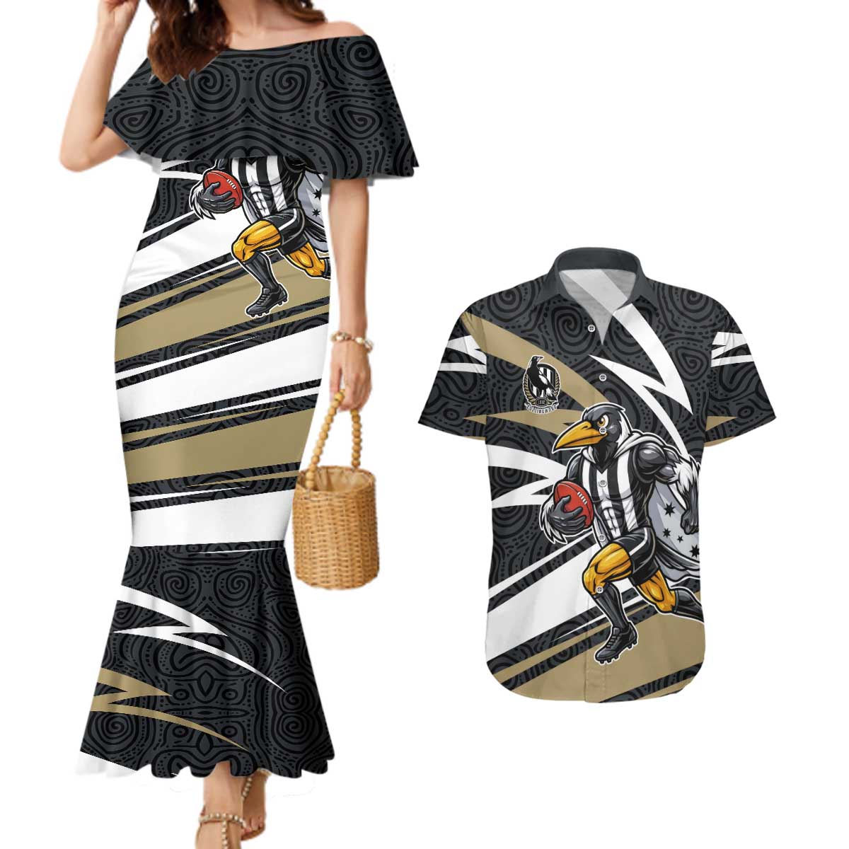 Collingwood Magpies Australian Football Couples Matching Mermaid Dress and Hawaiian Shirt Iconic Bird Mascot With Indigenous Pattern Art