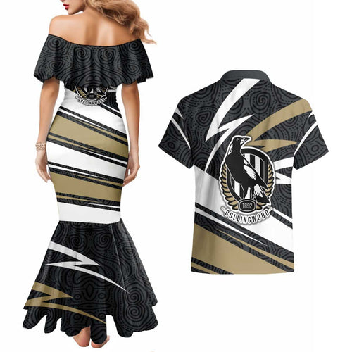 Collingwood Magpies Australian Football Couples Matching Mermaid Dress and Hawaiian Shirt Iconic Bird Mascot With Indigenous Pattern Art