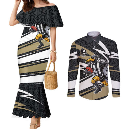Collingwood Magpies Australian Football Couples Matching Mermaid Dress and Long Sleeve Button Shirt Iconic Bird Mascot With Indigenous Pattern Art
