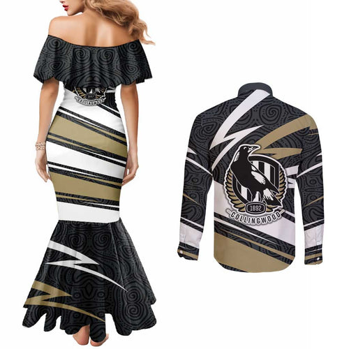 Collingwood Magpies Australian Football Couples Matching Mermaid Dress and Long Sleeve Button Shirt Iconic Bird Mascot With Indigenous Pattern Art
