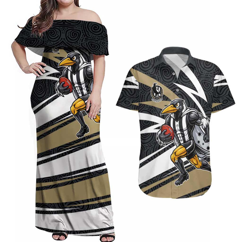 Collingwood Magpies Australian Football Couples Matching Off Shoulder Maxi Dress and Hawaiian Shirt Iconic Bird Mascot With Indigenous Pattern Art