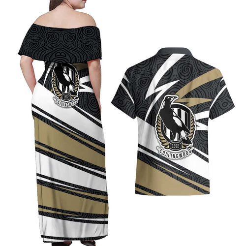 Collingwood Magpies Australian Football Couples Matching Off Shoulder Maxi Dress and Hawaiian Shirt Iconic Bird Mascot With Indigenous Pattern Art