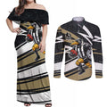 Collingwood Magpies Australian Football Couples Matching Off Shoulder Maxi Dress and Long Sleeve Button Shirt Iconic Bird Mascot With Indigenous Pattern Art