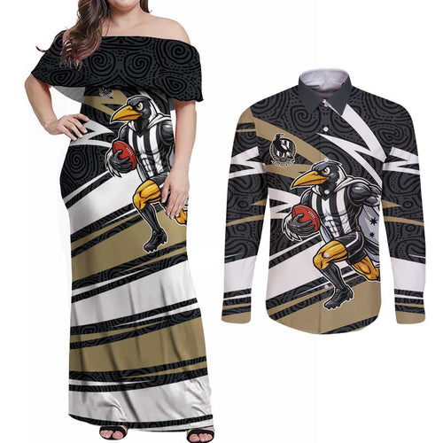 Collingwood Magpies Australian Football Couples Matching Off Shoulder Maxi Dress and Long Sleeve Button Shirt Iconic Bird Mascot With Indigenous Pattern Art