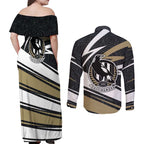 Collingwood Magpies Australian Football Couples Matching Off Shoulder Maxi Dress and Long Sleeve Button Shirt Iconic Bird Mascot With Indigenous Pattern Art