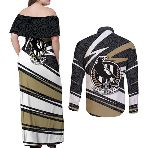 Collingwood Magpies Australian Football Couples Matching Off Shoulder Maxi Dress and Long Sleeve Button Shirt Iconic Bird Mascot With Indigenous Pattern Art