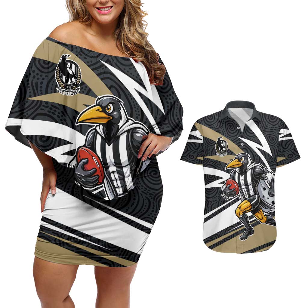 Collingwood Magpies Australian Football Couples Matching Off Shoulder Short Dress and Hawaiian Shirt Iconic Bird Mascot With Indigenous Pattern Art